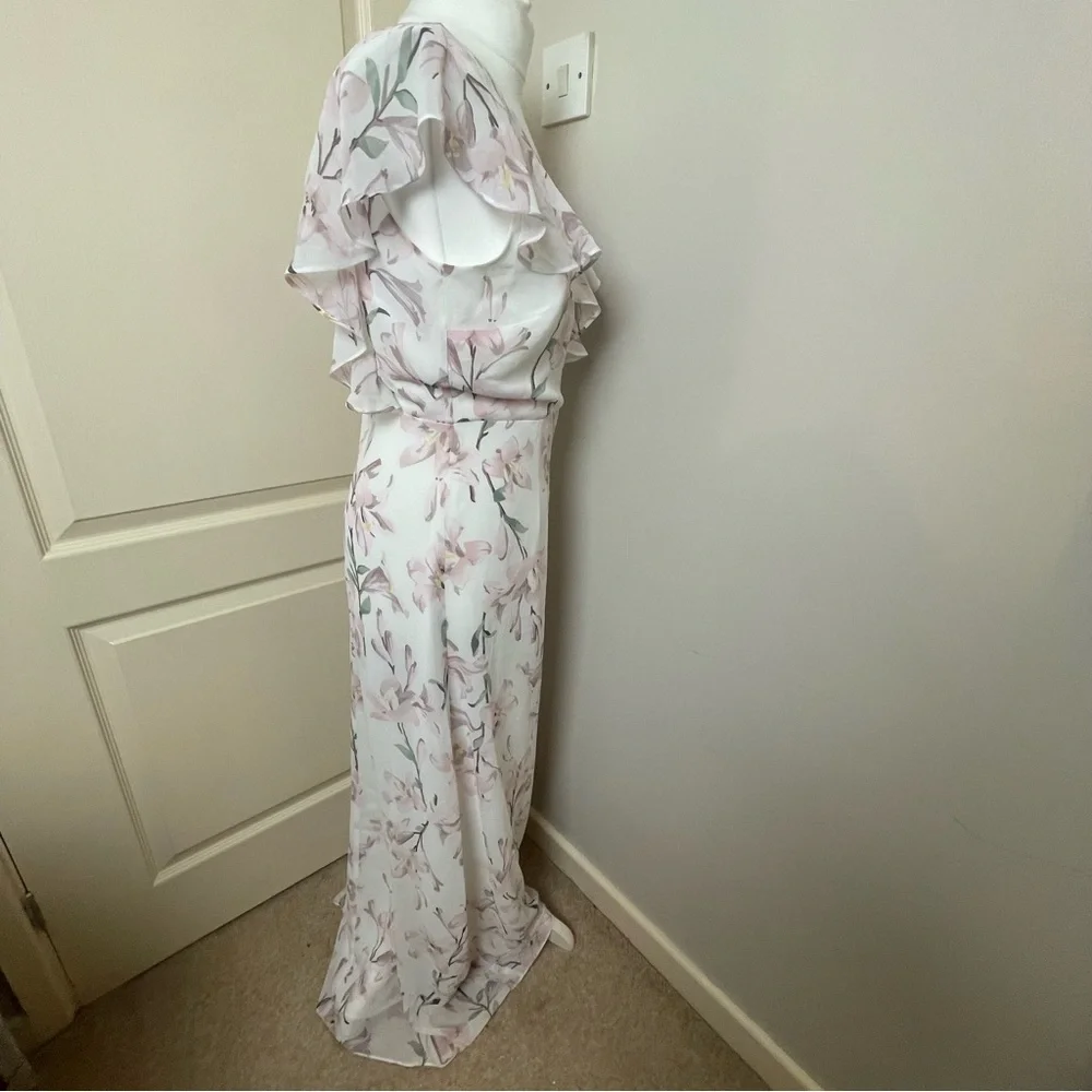 Warehouse Size 10 Frill Wrap Button Maxi Dress Floral Pink White Bridesmaid Chic - Picture 7 of 11